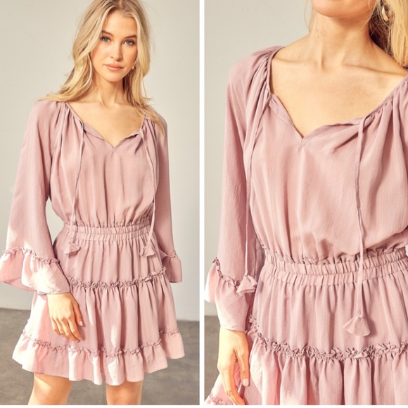 Adorable Baby Pink Long Sleeve Pink Tiered Mini Dress - Picture 2 of 3